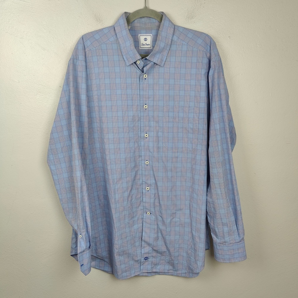 David Donahue Dress Shirt Mens XL Long Sleeve Blue Plaid Button Up Preppy Formal